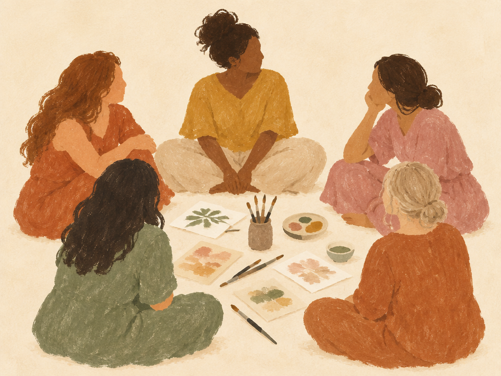 Ilustração de mulheres sentadas em círculo com papéis, tintas e pincéis no chão