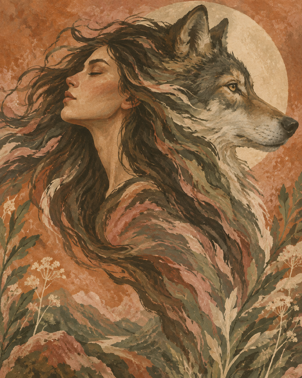 Ilustração em guache de uma mulher-loba: o rosto sereno de uma mulher se funde ao pelo de uma loba sob a lua, em tons de terracota e creme