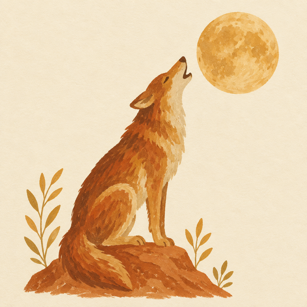 Ilustração em guache de uma loba uivando para a lua cheia, em tons de terracota e ocre